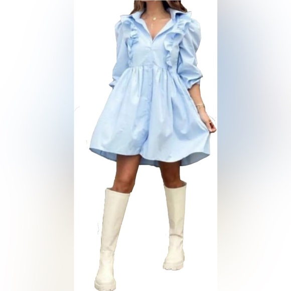 LARA Blue A-Line Dress with Off the Shoulder Neckline and 3/4 Puff Sleeves - Picture 1 of 2